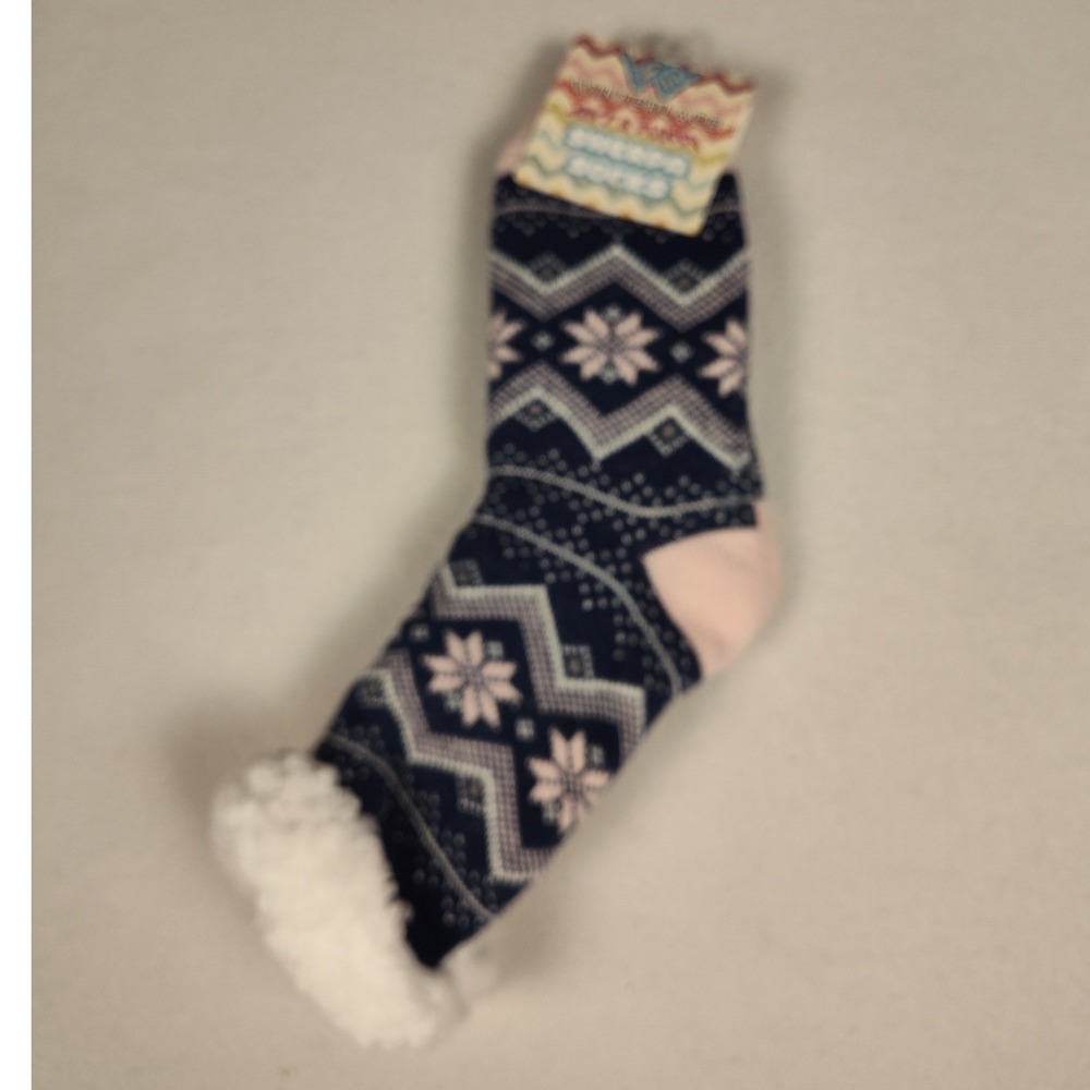 NWT Winterlace Sherpa Socks Navy Pink Fair Isle Snowflake Non Slip Slipper Socks
